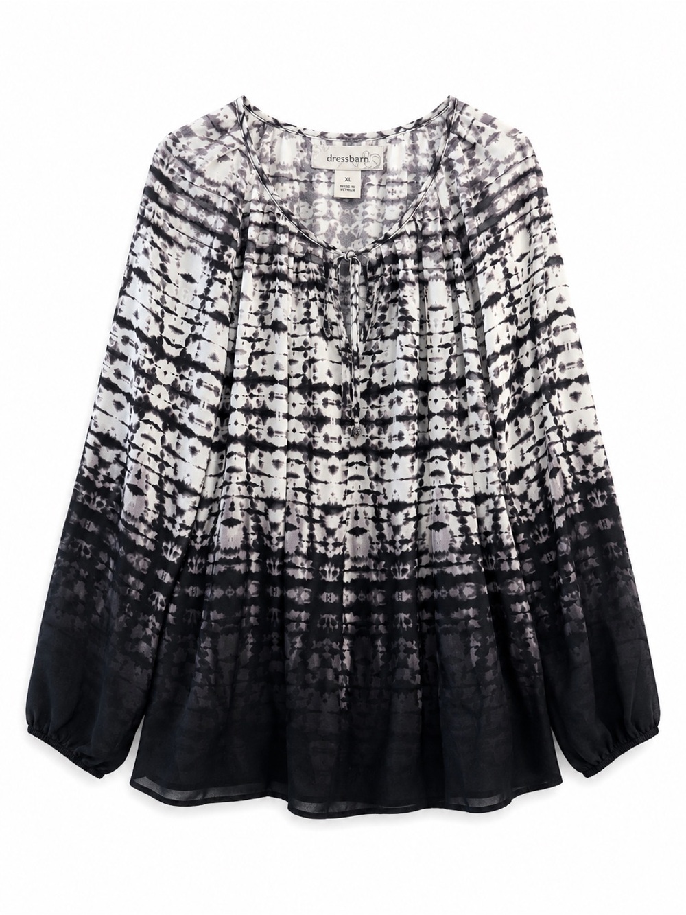 dressbarn Black White Tie Dye Peasant Boho Long Sleeve Blouse Top Size XL